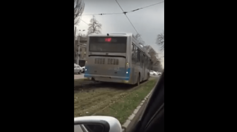 Водитель автобуса в центре Алматы проколол шины, объезжая пробку по газону (ВИДЕО)